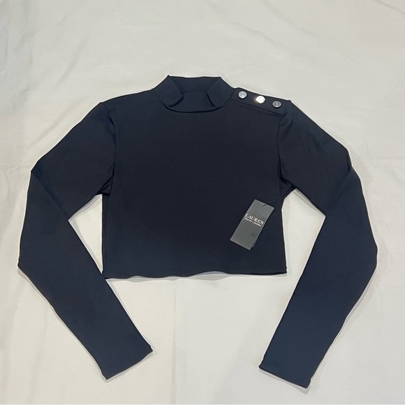 Lauren Ralph Lauren Ribbed Cropped Mockneck Rash Guard Black Swim TOP ONLY NEW - Picture 7 of 9